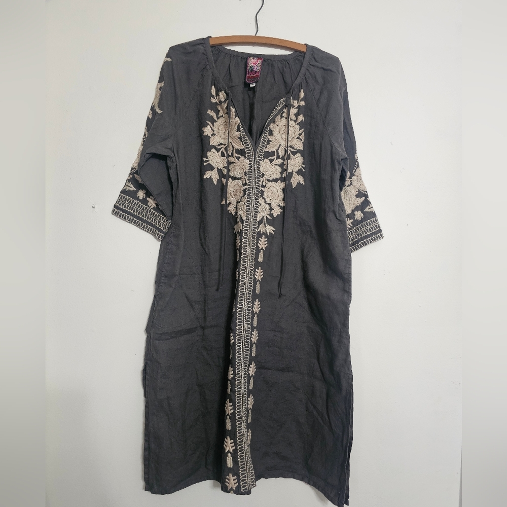 Johnny Was JWLA Linen Embroidered Tunic Taupe Size Petite Medium Pockets